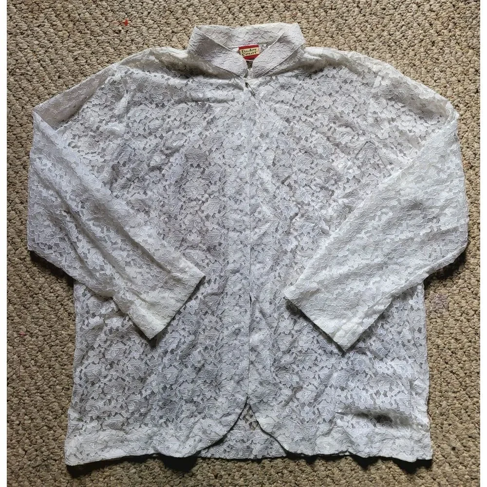 Vintage 70s 80s Romantic Sheer Lace Overlay Blouse Open Size L White Retro - Picture 1 of 7
